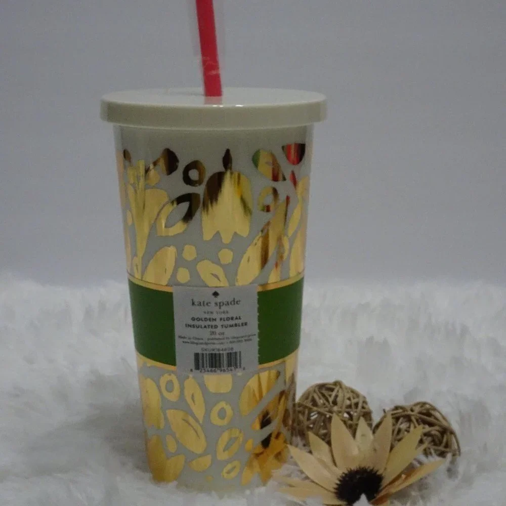 Kate Spade GOLDEN FLORAL Tumbler With Lid Acrylic Preppy Floral Stylish
